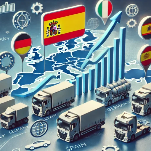 Gráfico de matriculaciones de vehículos comerciales en la Unión Europea, destacando el liderazgo de España en las ventas de furgonetas y autobuses.