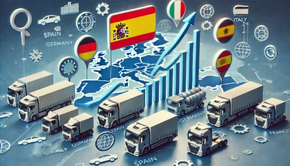 Gráfico de matriculaciones de vehículos comerciales en la Unión Europea, destacando el liderazgo de España en las ventas de furgonetas y autobuses.