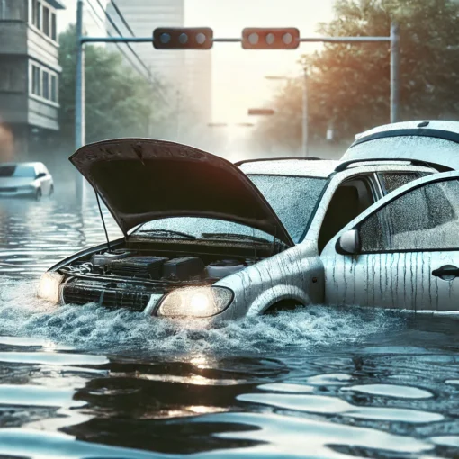 Vehículo parcialmente inundado en una calle tras fuertes lluvias, con agua cubriendo las puertas y signos de daño