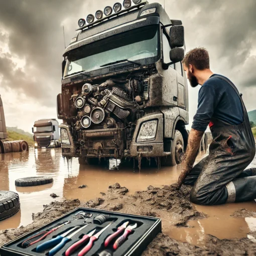 Mecánico revisando el motor de un camión industrial atrapado en el barro tras una inundación,