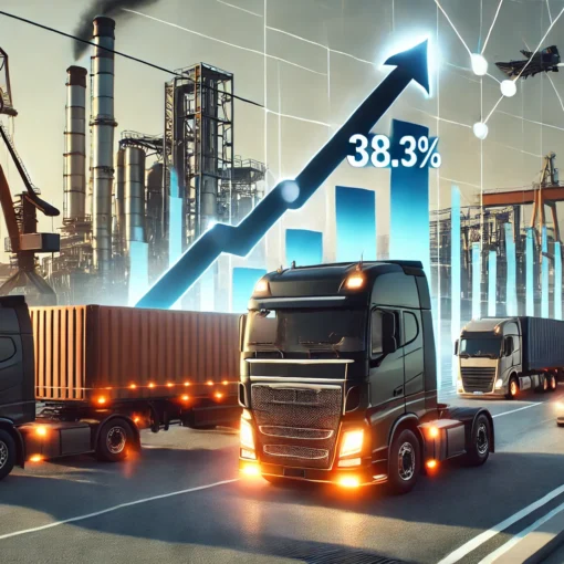 Representación visual del crecimiento del mercado de camiones en octubre de 2024, con un gráfico que muestra un aumento del 38,3% en matriculaciones y flechas ascendentes que simbolizan la expansión, junto a camiones industriales en un entorno urbano moderno y cielo despejado.