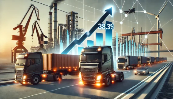 Representación visual del crecimiento del mercado de camiones en octubre de 2024, con un gráfico que muestra un aumento del 38,3% en matriculaciones y flechas ascendentes que simbolizan la expansión, junto a camiones industriales en un entorno urbano moderno y cielo despejado.