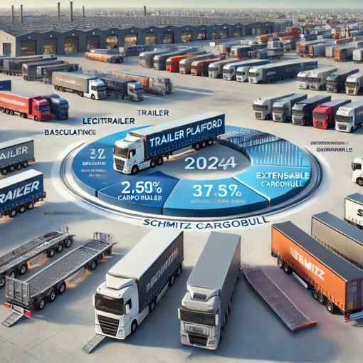 epresentación visual del mercado actual de plataformas en España en 2024, con un gráfico circular que muestra la distribución por marcas líderes como Lecitrailer, Schmitz Cargobull y Faymonville. De fondo, se observan varios tipos de plataformas de remolque estacionadas en un gran lote industrial, bajo un cielo despejado que refleja el crecimiento del sector.
