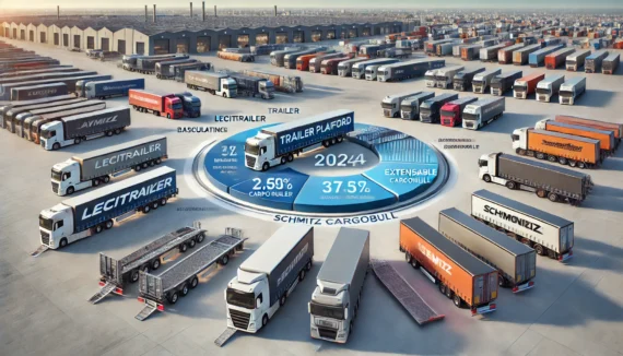 epresentación visual del mercado actual de plataformas en España en 2024, con un gráfico circular que muestra la distribución por marcas líderes como Lecitrailer, Schmitz Cargobull y Faymonville. De fondo, se observan varios tipos de plataformas de remolque estacionadas en un gran lote industrial, bajo un cielo despejado que refleja el crecimiento del sector.