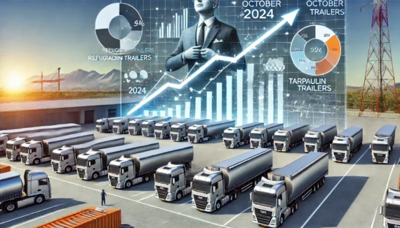 Representación visual del crecimiento del mercado de semirremolques en octubre de 2024, con gráficos y flechas ascendentes que destacan segmentos como frigoríficos, lonas y basculantes, junto a semirremolques estacionados en un entorno industrial con un cielo despejado.